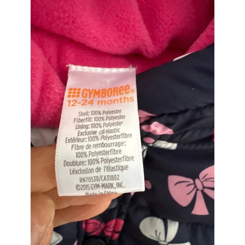Gymboree girls'‎ hooded puffer vest blue pink bows pink fleece lining 12-24 mths